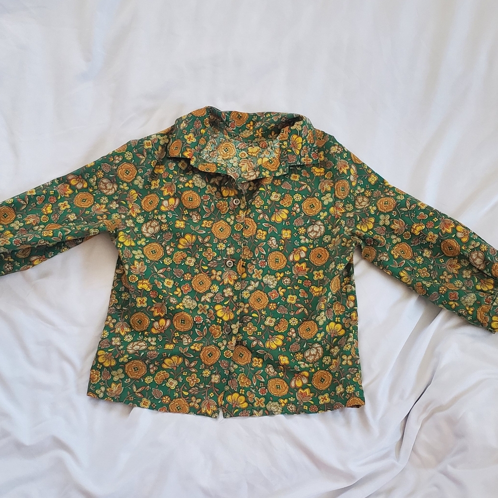 Green Flowered Vintage 1970's Handcrafted Crop Top, Sz XS/Small